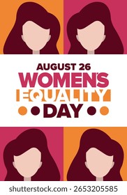 Dia da Igualdade das Mulheres nos Estados Unidos. Férias femininas, celebradas anualmente em 26 de agosto. Mês da história das mulheres. Conceito de feminismo. Cartaz, cartão de saudação, faixa e fundo. Ilustração vetorial