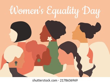 Women's Equality Day. Women of different ages, nationalities and religions come together. Horizontal pink pastel poster. Vector.