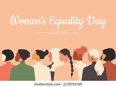 Women's Equality Day. Women of different ages, nationalities and religions come together. Horizontal pink pastel poster. Vector.