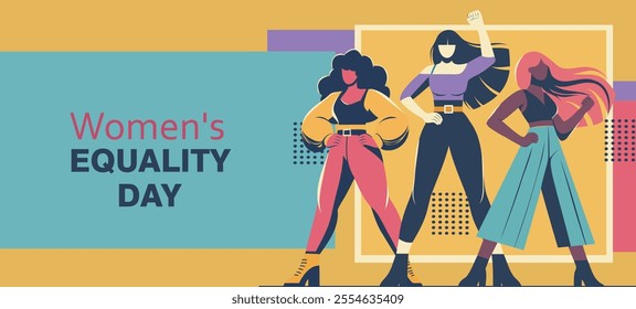 Women's Equality Day. Women's Day. Women symbolize the fight for women's rights. A woman raises her hand up in a clenched fist. Bright vector illustration with space for text. Ideal for equality