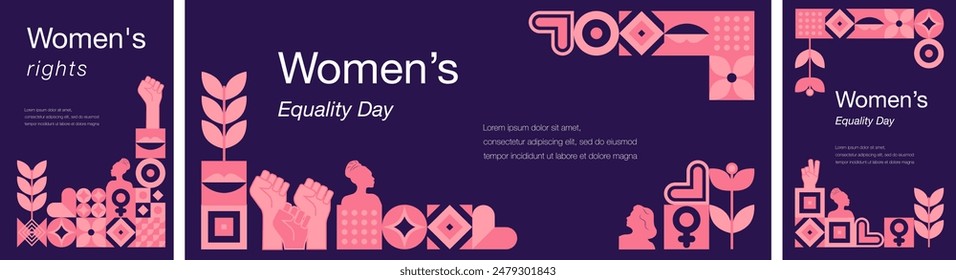 Women's Equality Day.August.Set of 3 geometric templates, web banner dedicated to women's history month.Feminism concept.Women's rights history month.Template for background, banner