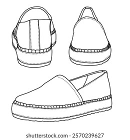 Women's Espadrille Slip On Shoes line art, Technical sketch hand drawing outline vector doodle side, front and rear view isolated on white background for coloring page