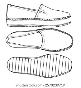 Women's Espadrille Slip On Shoes line art, Technical sketch hand drawing outline vector doodle side, top and bottom view isolated on white background for coloring page