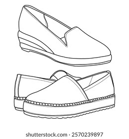 Women's Espadrille Slip On Shoes line art, Technical sketch hand drawing outline vector doodle side 3D Isometric view isolated on white background for coloring page