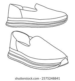 Women's Espadrille Slip-On line art, Technical sketch hand drawing outline vector doodle side view isolated on white background for coloring page