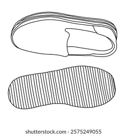 Women's Espadrille Slip-On line art, Technical sketch hand drawing outline vector doodle top and bottom view isolated on white background for coloring page