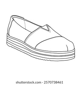 Women's Espadrille Slip-On Shoes line art, Technical sketch hand drawing outline vector doodle rear and side 3D Isometric view isolated on white background for coloring page