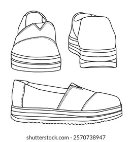 Women's Espadrille Slip-On Shoes line art, Technical sketch hand drawing outline vector doodle side, rear and front view isolated on white background for coloring page