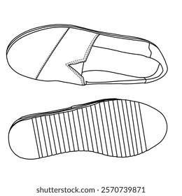 Women's Espadrille Slip-On Shoes line art, Technical sketch hand drawing outline vector doodle top and bottom view isolated on white background for coloring page