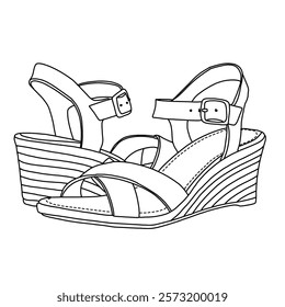 Women's Espadrille Wedge Sandal With Cross Strap Model line art, Technical sketch hand drawing outline vector doodle isometric side and rear view isolated on white background for coloring page