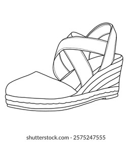 Women's Espadrille Wedge Sandal  with Memory Foam Closed Toe line art, Technical sketch hand drawing outline vector doodle side isometric view isolated on white background for coloring page