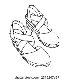 Women's Espadrille Wedge Sandal  with Memory Foam Closed Toe line art, Technical sketch hand drawing outline vector doodle top isometric view isolated on white background for coloring page