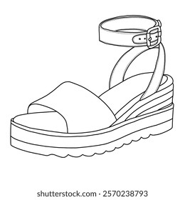 Women's Espadrille Wedge Sandals With Buckle Ankle Strap Open Toe line art, Technical sketch hand drawing outline vector doodle side isometric view isolated on white background for coloring page