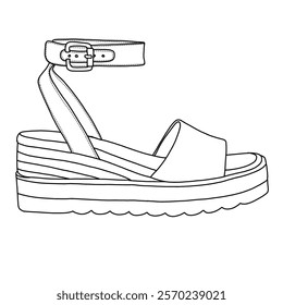 Women's Espadrille Wedge Sandals With Buckle Ankle Strap Open Toe line art, Technical sketch hand drawing outline vector doodle side view isolated on white background for coloring page