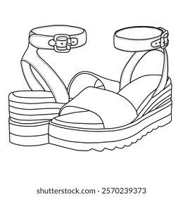 Women's Espadrille Wedge Sandals With Buckle Ankle Strap Open Toe line art, Technical sketch hand drawing outline vector doodle front and rear view isolated on white background for coloring page