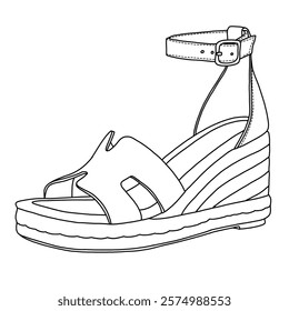 Women's Espadrilles Wedge Platform Sandals Comfortable Slip On Slides line art, Technical sketch hand drawing outline vector doodle side 3D view isolated on white background for coloring page