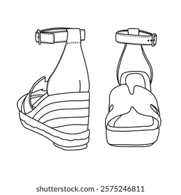 Women's Espadrilles Wedge Platform Sandals Comfortable Slip On Slides line art, Technical sketch hand drawing outline vector doodle front and rear view isolated on white background for coloring page