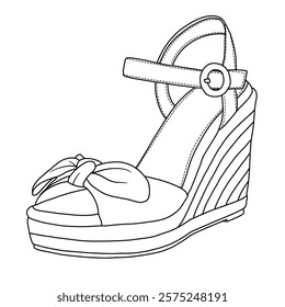 Women's Espadrilles Wedges Bow Platform Sandals Open Toe Ankle Strap line art, Technical sketch hand drawing outline vector doodle side view isolated on white background for coloring page