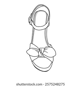 Women's Espadrilles Wedges Bow Platform Sandals Open Toe Ankle Strap line art, Technical sketch hand drawing outline vector doodle top view isolated on white background for coloring page