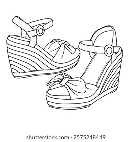 Women's Espadrilles Wedges Bow Platform Sandals Open Toe Ankle Strap line art, Technical sketch hand drawing outline vector doodle side and rear view isolated on white background for coloring page