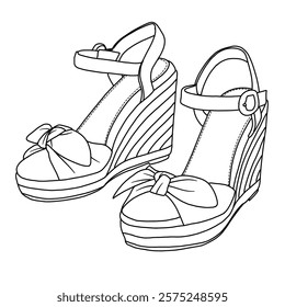 Women's Espadrilles Wedges Bow Platform Sandals Open Toe Ankle Strap line art, Technical sketch hand drawing outline vector doodle front view isolated on white background for coloring page