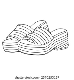 Women's Espadrilles Wedges Slides Sandals Platform Open Toe line art, Technical sketch hand drawing outline vector doodle side isometric view isolated on white background for coloring page
