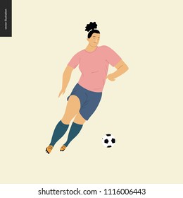 Fútbol europeo femenino, futbolista - ilustración vectorial plana de una joven con equipo de futbolistas europeo pateando una pelota de fútbol