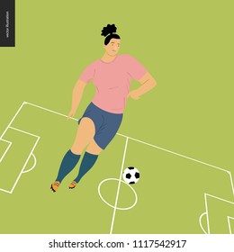 Womens European football, soccer player - flat vector illustration - young woman wearing european football player equipment kicking soccer ball on background of green football field with white marking