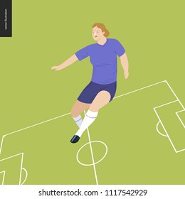 Womens European football, soccer player - flat vector illustration of a running young woman wearing european football player equipment on the background of green football field with marking