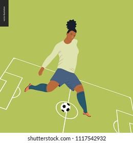 Womens European football, soccer player - flat vector illustration - young woman wearing european football player equipment kicking soccer ball on background of green football field with white marking