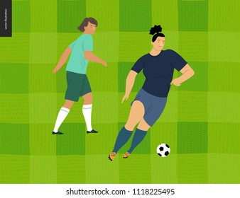 Womens European football, soccer player - flat vector illustration - two young weman wearing european football player equipment kicking soccer ball on background of green grass checked football field