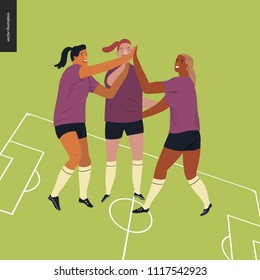 Womens European football, soccer players - flat vector illustration of three female team players wearing european football equipment, celebrating victory on the green football field with marking