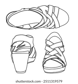 Plataforma eterna da mulher cunha sandália linha arte, esboço técnico mão desenho esboço vetor doodle ilustração isométrica superior, frente e vista traseira isolada no fundo branco