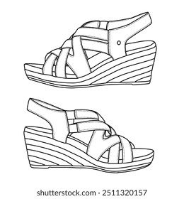 Plataforma Eterna Cunha Sandália Linha arte, esboço técnico mão desenho esboço vetor doodle ilustração isométrica vista lateral isolada no fundo branco