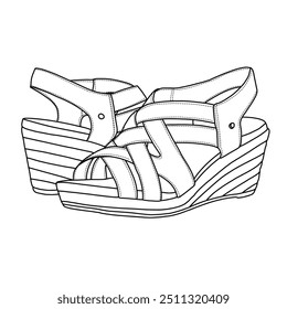 Women's Everlasting Platform Wedge Sandal Line art,Technical sketch hand drawing outline vector doodle illustration isometric 3D and rear view isolated on white background