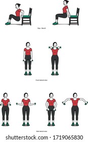 Women's exercise guide for Dips Bench, Front lateral raise, and Side lateral raise with home training for shoulder and arm exercises. Vector illustration, line art