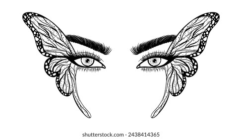 Los ojos de las mujeres decorados con alas de mariposa sobre fondo blanco.