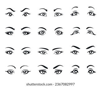 Women's eyes with eyebrows. Collection. Vector on gray background