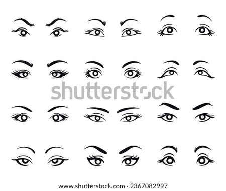 Women's eyes with eyebrows. Collection. Vector on gray background