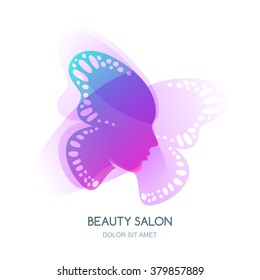 Womens face in butterfly wings. Vector logo or label design. Abstract background with woman silhouette. Concept for beauty salon, cosmetics, cosmetology procedures, massage and spa.