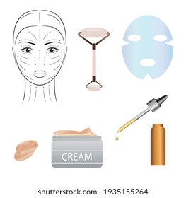 Women's face care set, elements, cosmetic set. Vector illustration in a flat style, isolated on a white background