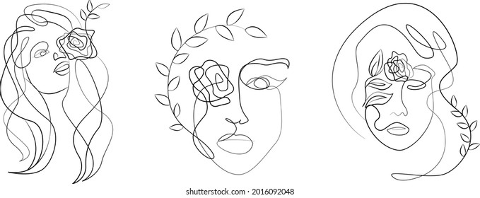 Women's face in one line art style with flowers and leaves. Continuous line art in elegant style for prints, tattoos, posters, textile, cards etc. Vector illustration