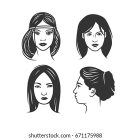 Women's faces. Black and white vector object.