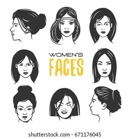 Women's faces. Black and white vector object.