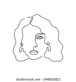 Women's faces in continuous one line art style with hair and earrings in elegant style for prints, posters, textile, cards, logo, branding and packaging etc. Beautiful women face Vector illustration.