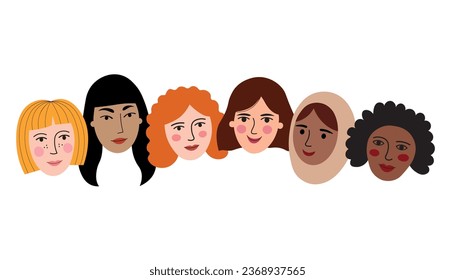 Women's faces with different skin colors multiethnic women group flat vector illustration isolated background. Solidarity, feminism, harmony coexistence, feminine communities. For card, poster, design