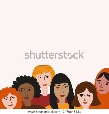 Women's faces with different skin colours. Multiethnic women group, flat vector illustration. Background for solidarity, feminism, harmony coexistence, feminine communities. For card, poster, design