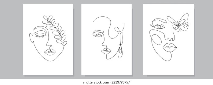 Women's Faces Line Art With Leaves And Butterflies. Elegant Women's Face Line Art For Prints, Tattoos, Posters, Cards, Textiles, Etc. Women's Face Line Art Vector Illustration. It's Modern  Minimalis
