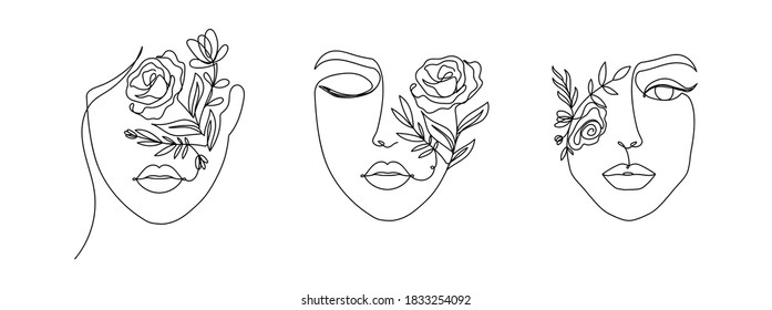 Women's faces in one line art style with flowers and leaves.Continuous line art in elegant style for prints, tattoos, posters, textile, cards etc. Beautiful women face Vector illustration - Shutterstock ID 1833254092