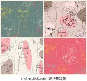 Women's faces in one line art style with flowers.Continuous line art in elegant style for prints, tattoos, posters, textile, cards. Beautiful women face pattern